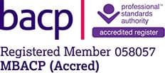 BACP accreditation, registered member 058057, MBACP (Accred)